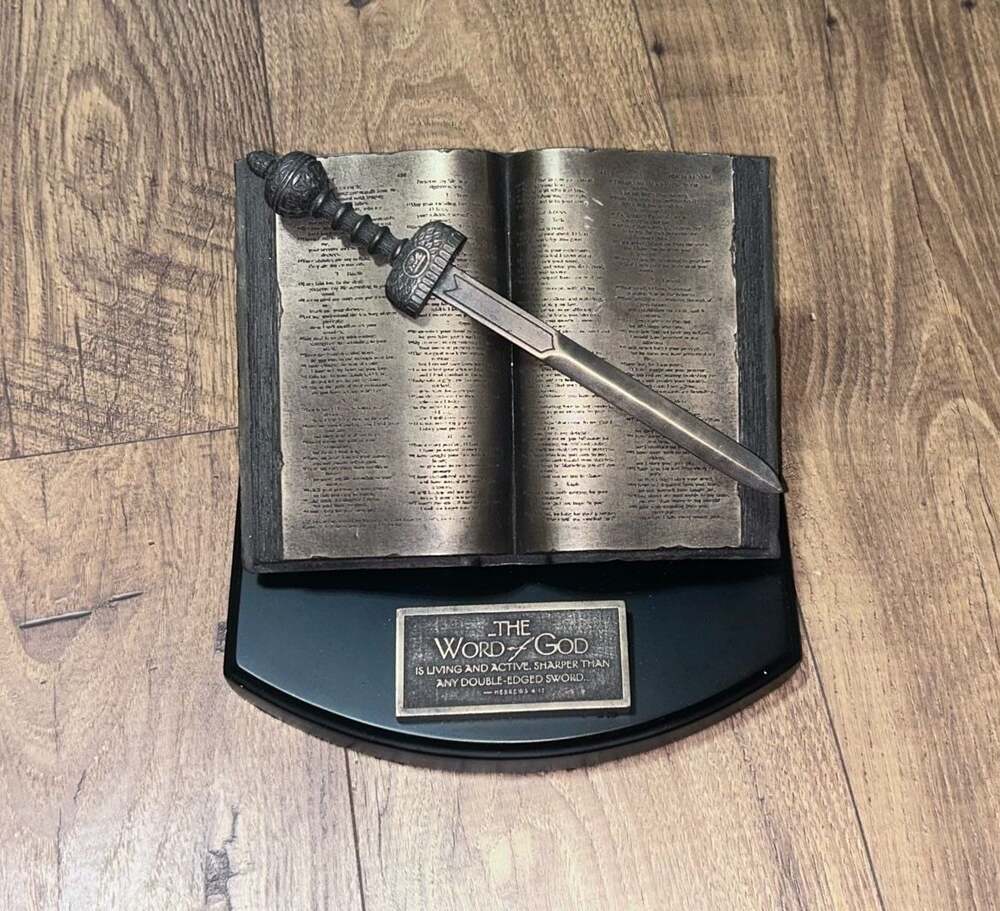 The Word of God Bible and Sword Decorative Sculpture with Display Base
